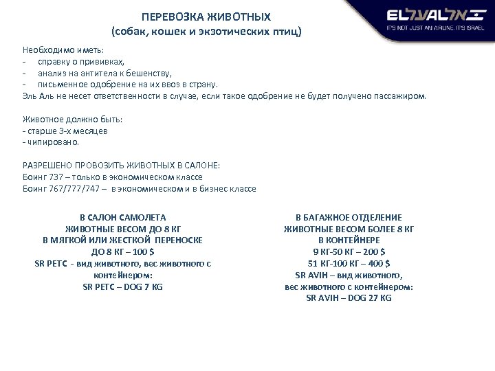 ПЕРЕВОЗКА ЖИВОТНЫХ (собак, кошек и экзотических птиц) Необходимо иметь: - справку о прививках, -