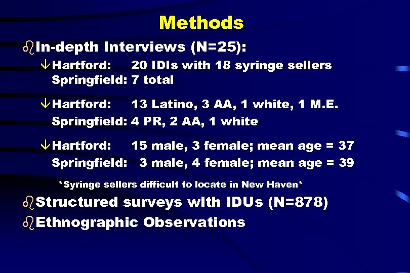 Methods b. In-depth Interviews (N=25): âHartford: 20 IDIs with 18 syringe sellers Springfield: 7