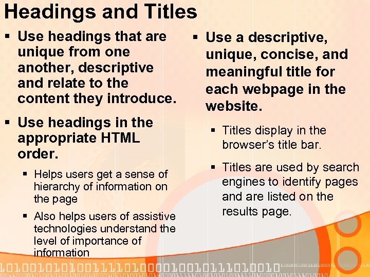 Headings and Titles § Use headings that are unique from one another, descriptive and