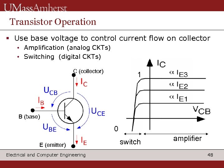 Transistor Operation § Use base voltage to control current flow on collector • Amplification