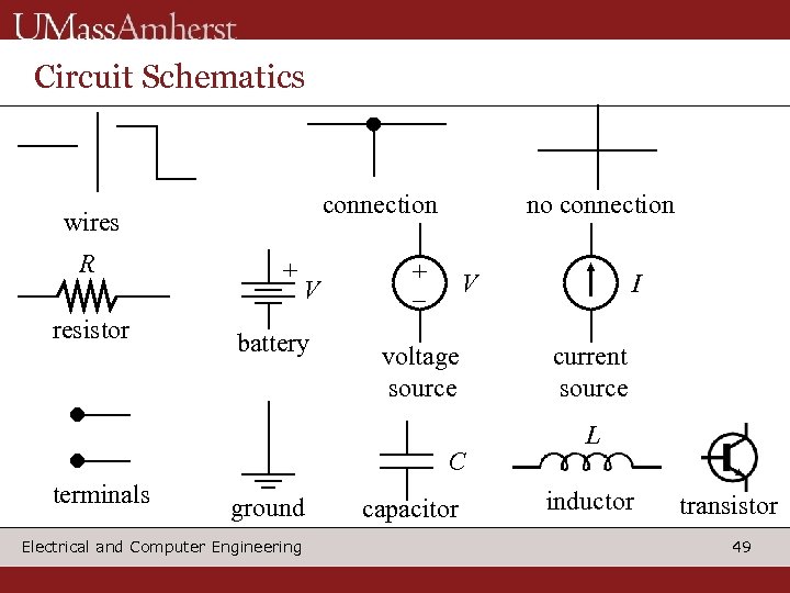 Circuit Schematics connection wires R resistor + V battery no connection + _ V
