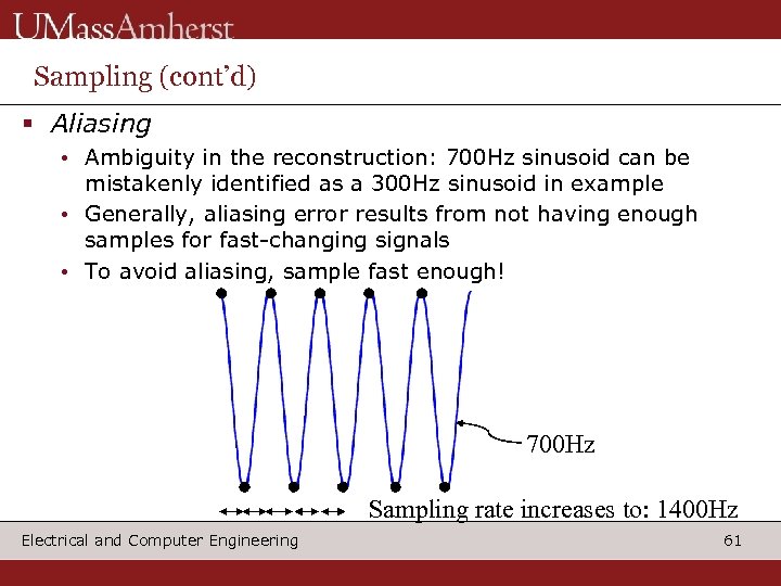 Sampling (cont’d) § Aliasing • Ambiguity in the reconstruction: 700 Hz sinusoid can be