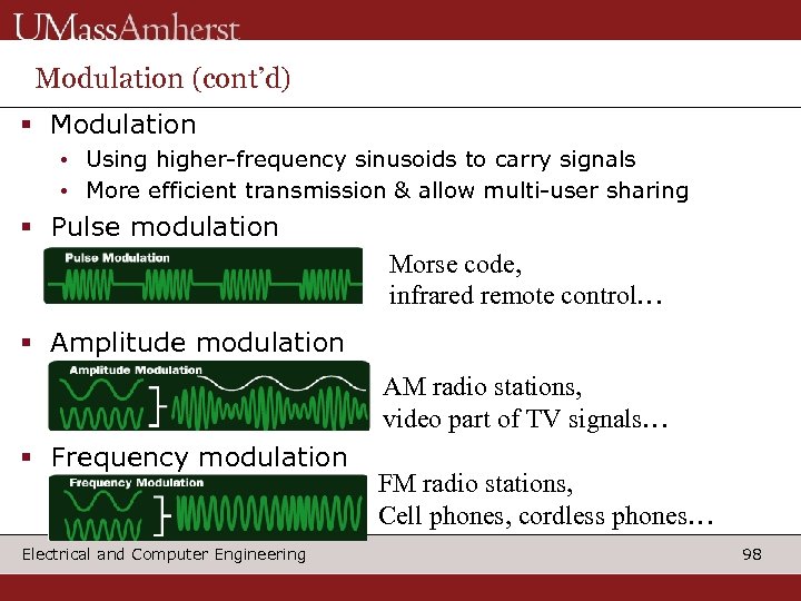Modulation (cont’d) § Modulation • Using higher-frequency sinusoids to carry signals • More efficient