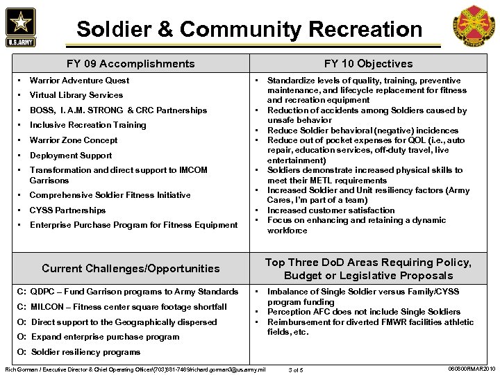 Soldier & Community Recreation FY 09 Accomplishments • Warrior Adventure Quest • Virtual Library