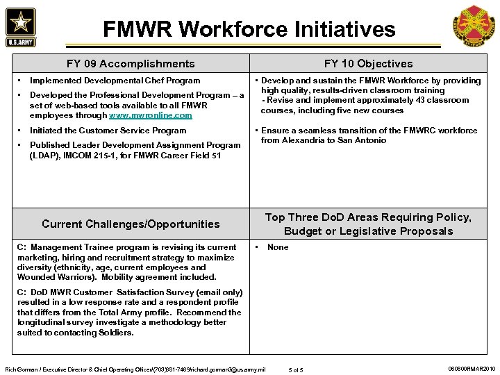 FMWR Workforce Initiatives FY 09 Accomplishments • Implemented Developmental Chef Program • Developed the