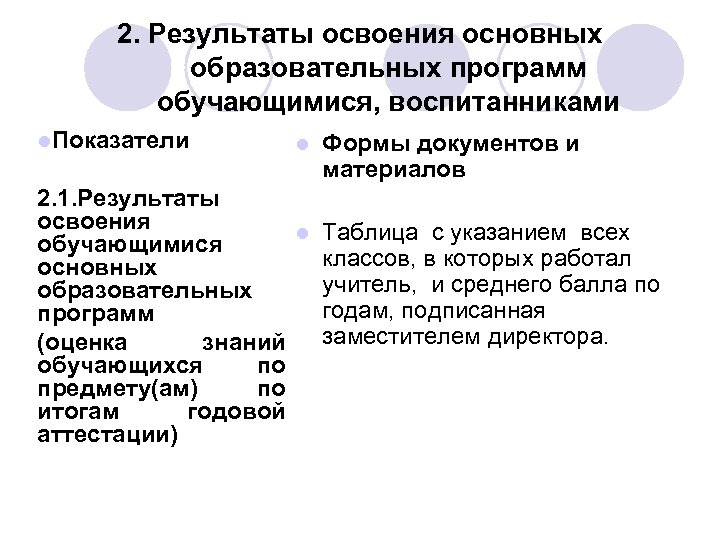 2. Результаты освоения основных образовательных программ обучающимися, воспитанниками l. Показатели l Формы документов и