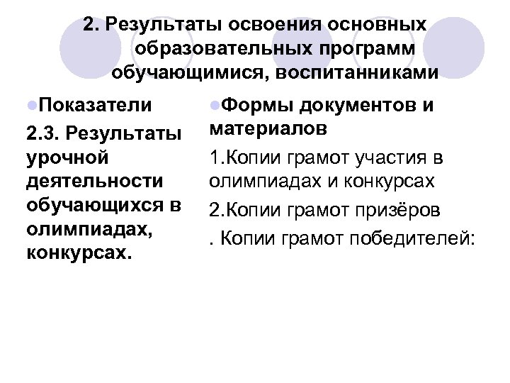 2. Результаты освоения основных образовательных программ обучающимися, воспитанниками l. Показатели 2. 3. Результаты урочной