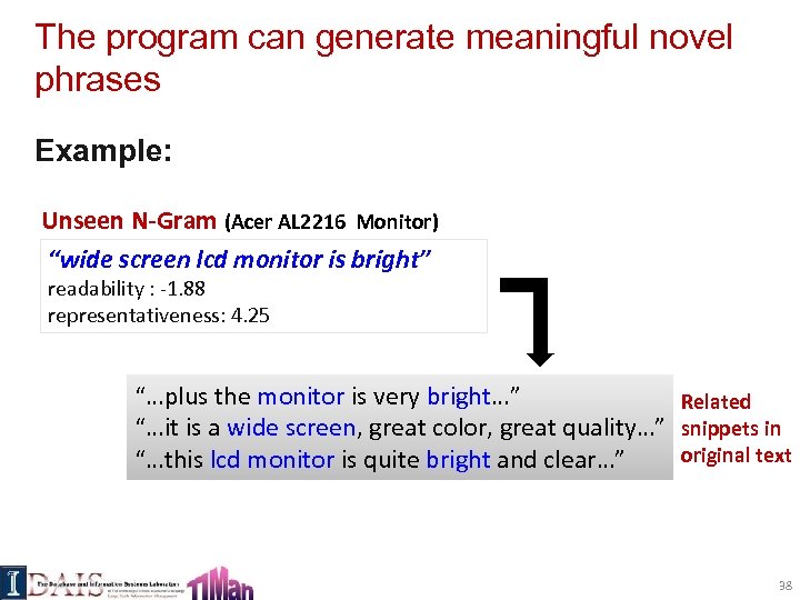 The program can generate meaningful novel phrases Example: Unseen N-Gram (Acer AL 2216 Monitor)