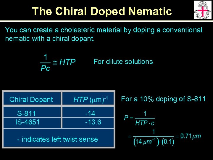 The Chiral Doped Nematic You can create a cholesteric material by doping a conventional