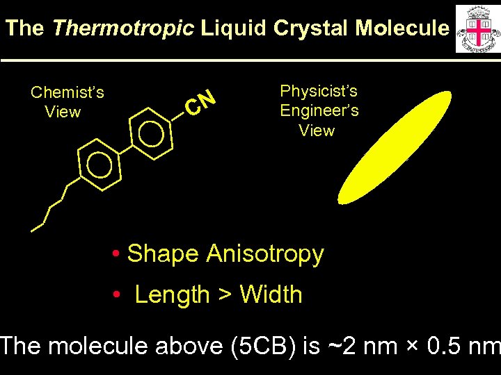 The Thermotropic Liquid Crystal Molecule Chemist’s View CN Physicist’s Engineer’s View • Shape Anisotropy