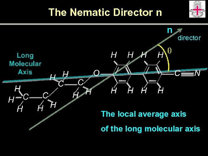 The Nematic Director n n director The local average axis of the long molecular