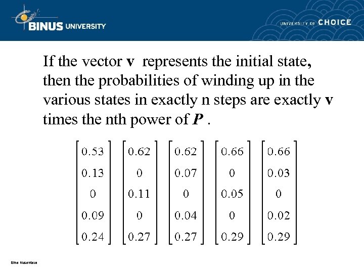 If the vector v represents the initial state, then the probabilities of winding up