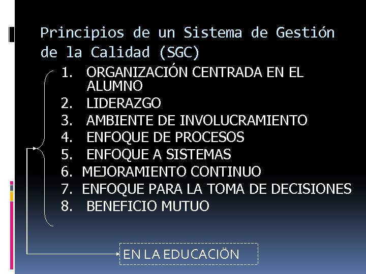 Principios de un Sistema de Gestión de la Calidad (SGC) 1. ORGANIZACIÓN CENTRADA EN