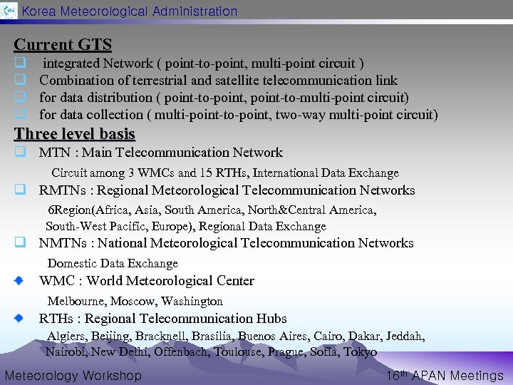 Korea Meteorological Administration Current GTS q q integrated Network ( point-to-point, multi-point circuit )