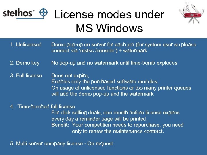 License modes under MS Windows 1. Unlicensed Demo pop-up on server for each job