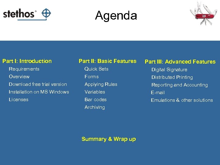 Agenda Part I: Introduction Part II: Basic Features Part III: Advanced Features Requirements Quick