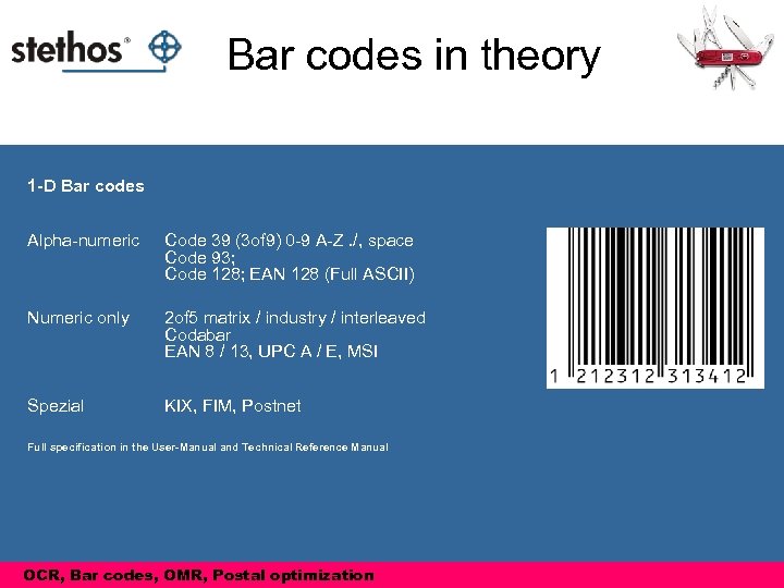 Bar codes in theory 1 -D Bar codes Alpha-numeric Code 39 (3 of 9)