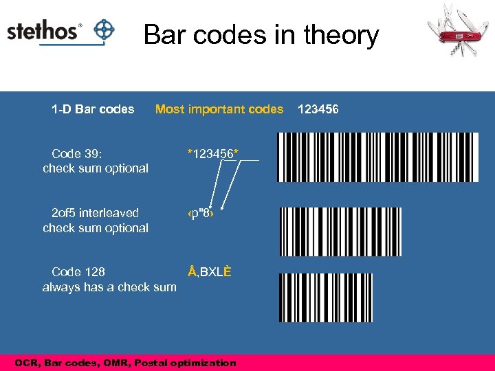 Bar codes in theory 1 -D Bar codes Most important codes Code 39: check