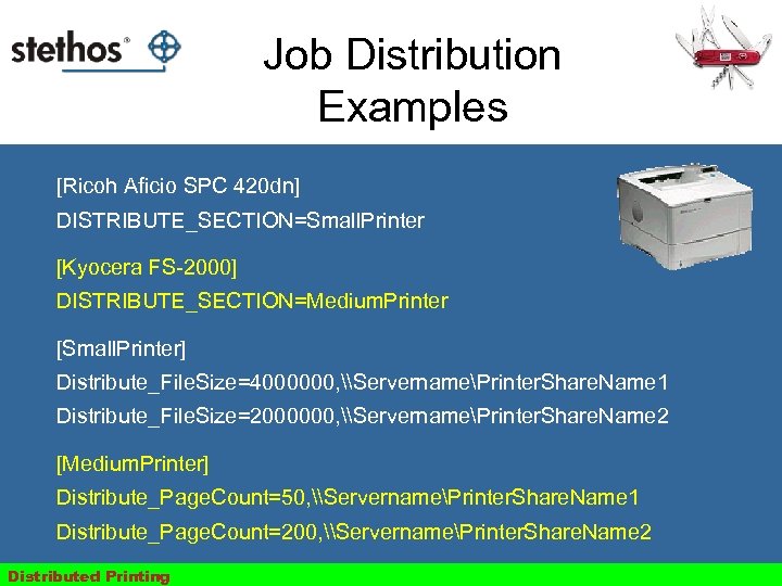 Job Distribution Examples [Ricoh Aficio SPC 420 dn] DISTRIBUTE_SECTION=Small. Printer [Kyocera FS-2000] DISTRIBUTE_SECTION=Medium. Printer