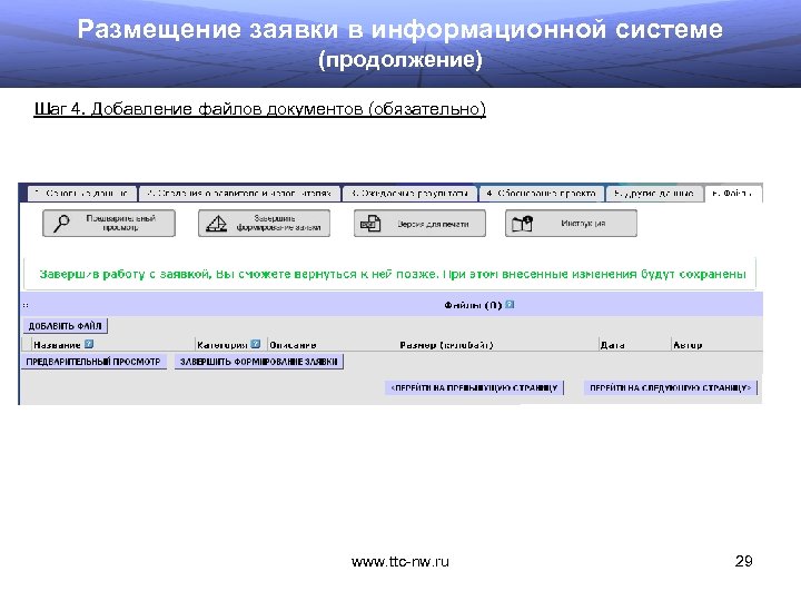 Размещение заявки в информационной системе (продолжение) Шаг 4. Добавление файлов документов (обязательно) www. ttc-nw.