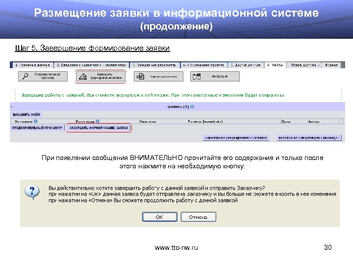 Размещение заявки в информационной системе (продолжение) Шаг 5. Завершение формирование заявки При появлении сообщения