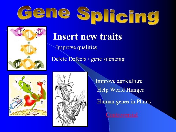 Insert new traits Improve qualities Delete Defects / gene silencing Improve agriculture Help World