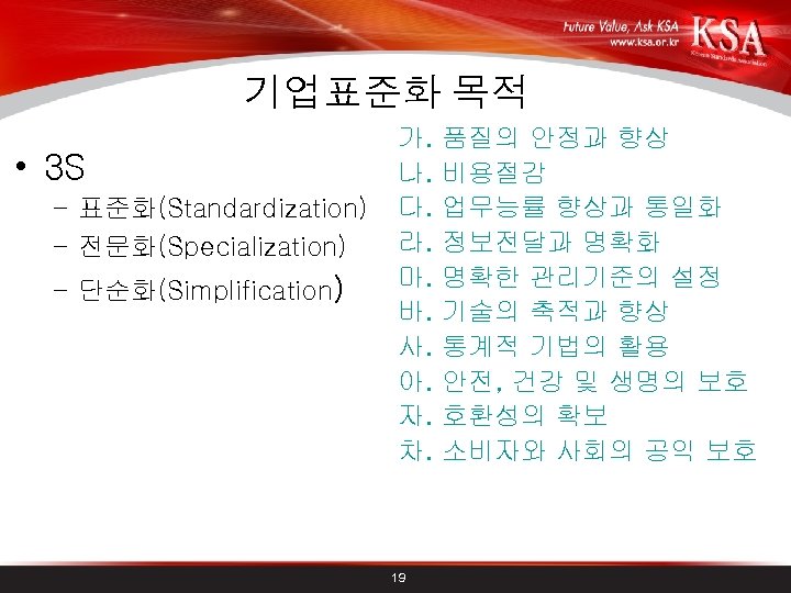 기업표준화 목적 • 3 S – 표준화(Standardization) – 전문화(Specialization) – 단순화(Simplification) 가. 나. 다.