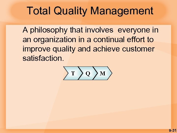 Total Quality Management A philosophy that involves everyone in an organization in a continual