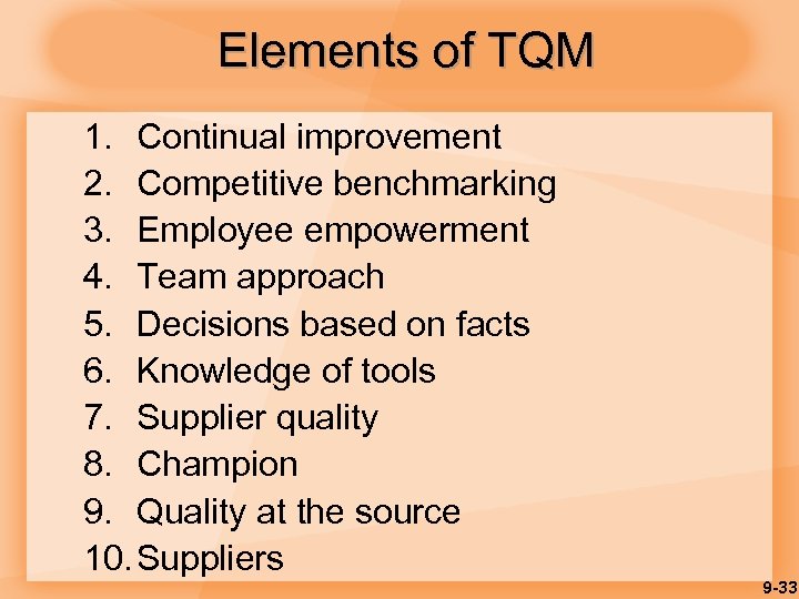 Elements of TQM 1. Continual improvement 2. Competitive benchmarking 3. Employee empowerment 4. Team