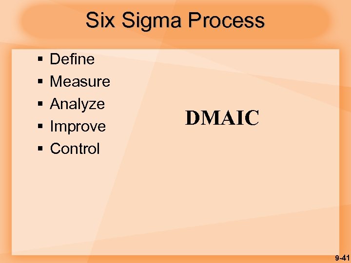 Six Sigma Process § § § Define Measure Analyze Improve Control DMAIC 9 -41