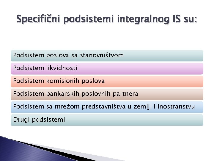 Specifični podsistemi integralnog IS su: Podsistem poslova sa stanovništvom Podsistem likvidnosti Podsistem komisionih poslova
