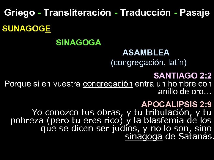 Griego - Transliteración - Traducción - Pasaje SUNAGOGE SINAGOGA ASAMBLEA (congregación, latín) SANTIAGO 2: