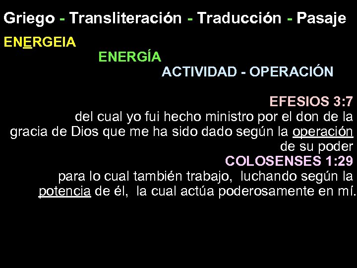 Griego - Transliteración - Traducción - Pasaje ENERGEIA ENERGÍA ACTIVIDAD - OPERACIÓN EFESIOS 3: