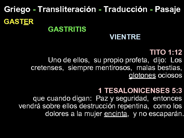 Griego - Transliteración - Traducción - Pasaje GASTER GASTRITIS VIENTRE TITO 1: 12 Uno