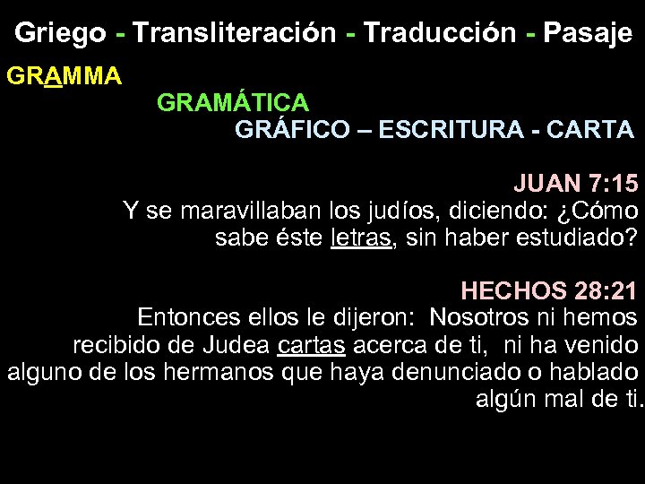 Griego - Transliteración - Traducción - Pasaje GRAMMA GRAMÁTICA GRÁFICO – ESCRITURA - CARTA