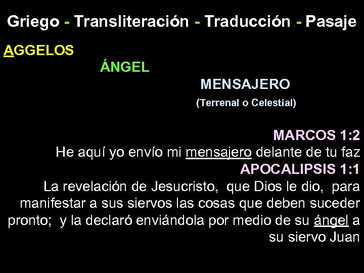 Griego - Transliteración - Traducción - Pasaje AGGELOS ÁNGEL MENSAJERO (Terrenal o Celestial) MARCOS