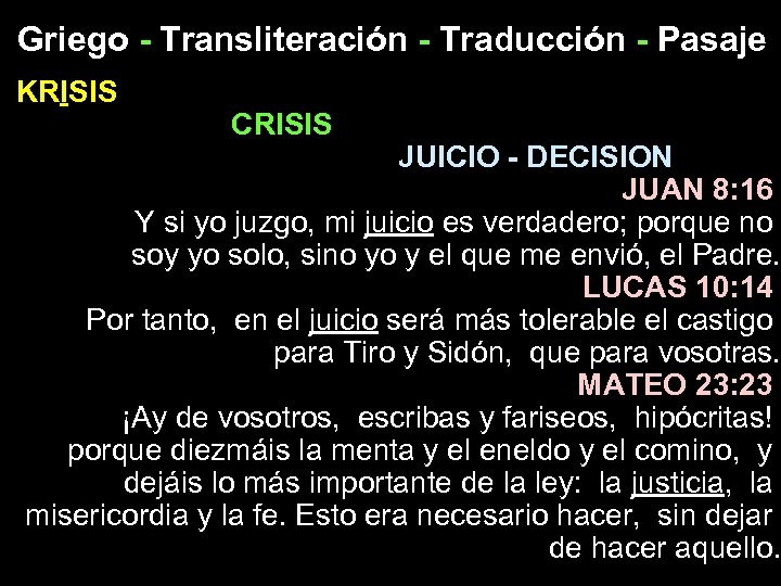 Griego - Transliteración - Traducción - Pasaje KRISIS CRISIS JUICIO - DECISION JUAN 8: