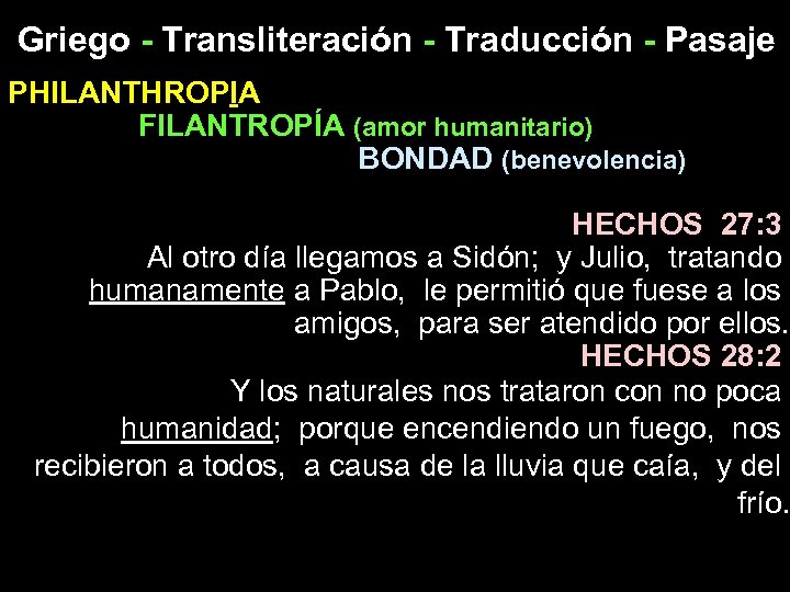 Griego - Transliteración - Traducción - Pasaje PHILANTHROPIA FILANTROPÍA (amor humanitario) BONDAD (benevolencia) HECHOS