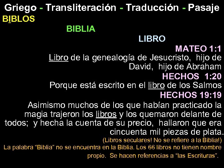 Griego - Transliteración - Traducción - Pasaje BIBLOS BIBLIA LIBRO MATEO 1: 1 Libro