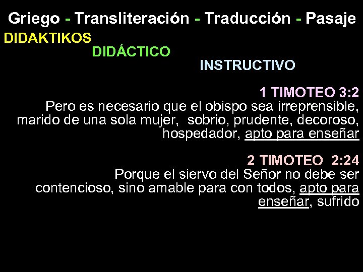 Griego - Transliteración - Traducción - Pasaje DIDAKTIKOS DIDÁCTICO INSTRUCTIVO 1 TIMOTEO 3: 2