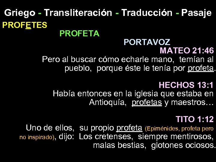 Griego - Transliteración - Traducción - Pasaje PROFETES PROFETA PORTAVOZ MATEO 21: 46 Pero