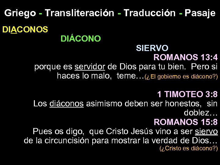 Griego - Transliteración - Traducción - Pasaje DIACONOS DIÁCONO SIERVO ROMANOS 13: 4 porque
