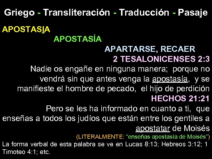 Griego - Transliteración - Traducción - Pasaje APOSTASIA APOSTASÍA APARTARSE, RECAER 2 TESALONICENSES 2:
