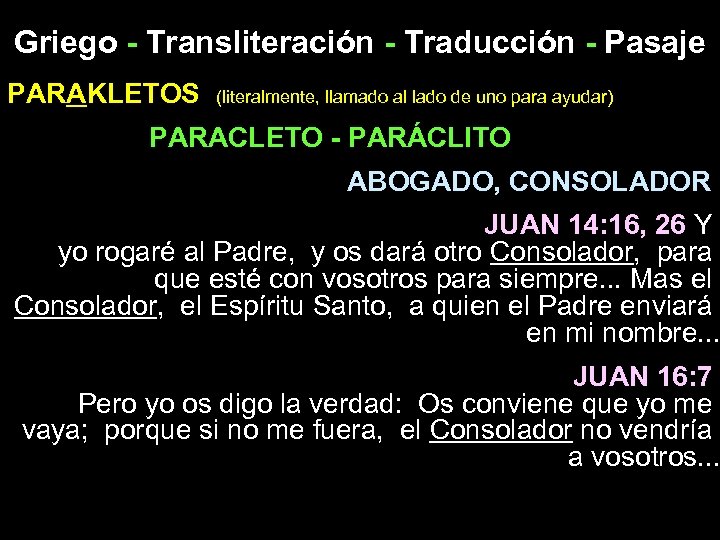 Griego - Transliteración - Traducción - Pasaje PARAKLETOS (literalmente, llamado al lado de uno