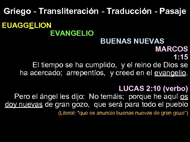 Griego - Transliteración - Traducción - Pasaje EUAGGELION EVANGELIO BUENAS NUEVAS MARCOS 1: 15