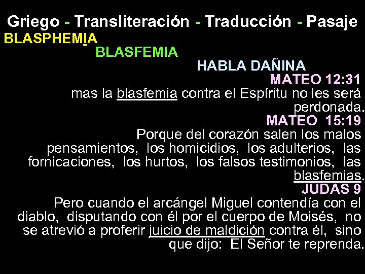 Griego - Transliteración - Traducción - Pasaje BLASPHEMIA BLASFEMIA HABLA DAÑINA MATEO 12: 31