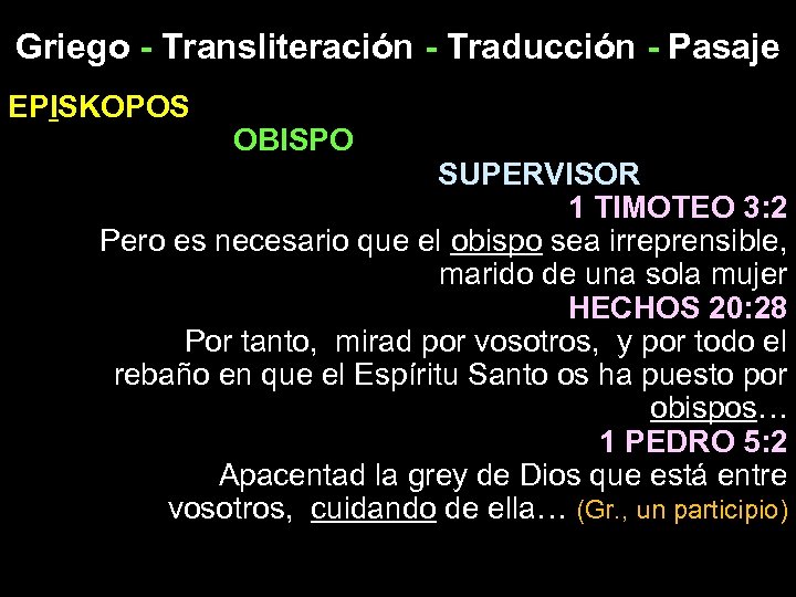 Griego - Transliteración - Traducción - Pasaje EPISKOPOS OBISPO SUPERVISOR 1 TIMOTEO 3: 2