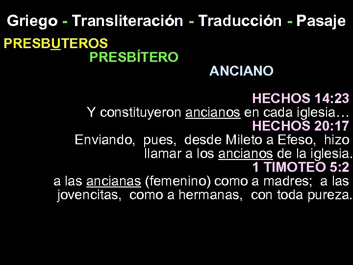 Griego - Transliteración - Traducción - Pasaje PRESBUTEROS PRESBÍTERO ANCIANO HECHOS 14: 23 Y