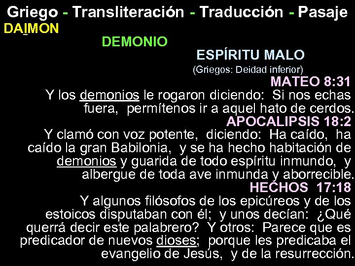 Griego - Transliteración - Traducción - Pasaje DAIMON DEMONIO ESPÍRITU MALO (Griegos: Deidad inferior)