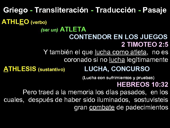 Griego - Transliteración - Traducción - Pasaje ATHLEO (verbo) ATLETA CONTENDOR EN LOS JUEGOS